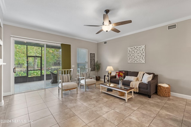 tiled living room featuring crown molding and ceiling fan