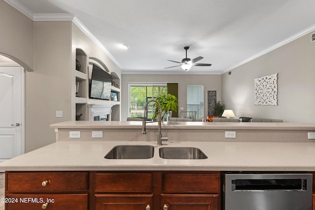 kitchen featuring ornamental molding, dishwasher, sink, and ceiling fan