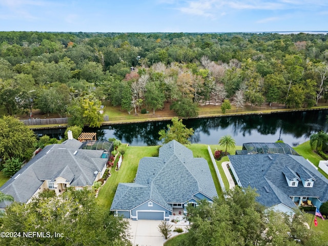 bird's eye view with a water view