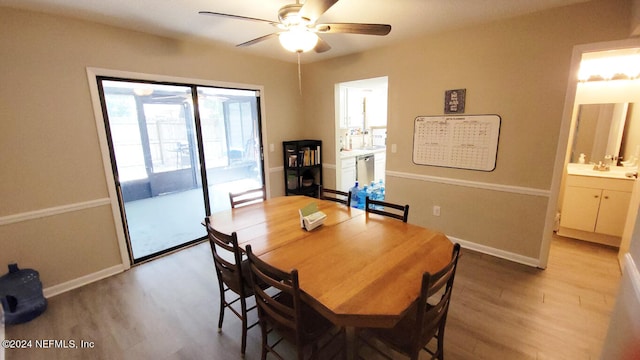 dining room with light wood-type flooring, sink, and ceiling fan