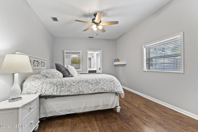 bedroom with ceiling fan and hardwood / wood-style flooring