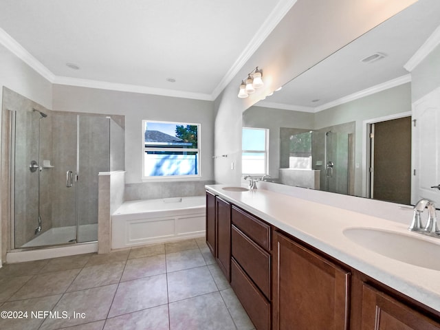 bathroom with ornamental molding, vanity, and separate shower and tub