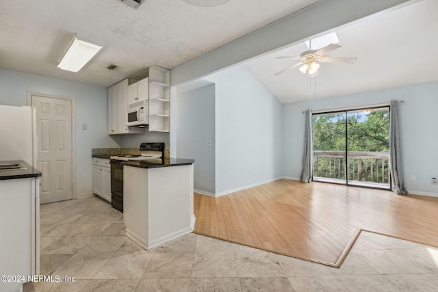 kitchen with ceiling fan, white cabinets, light hardwood / wood-style flooring, and white appliances