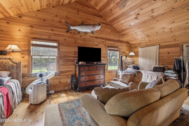 bedroom featuring wood walls, wooden ceiling, high vaulted ceiling, and light wood-type flooring