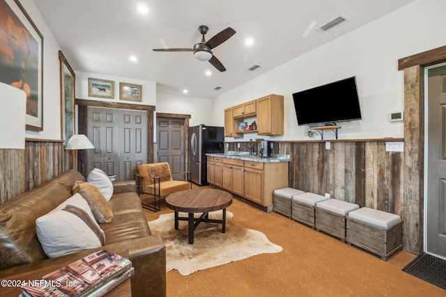 living room with ceiling fan