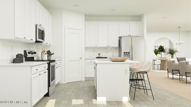 kitchen with pendant lighting, an island with sink, white cabinetry, sink, and stainless steel appliances