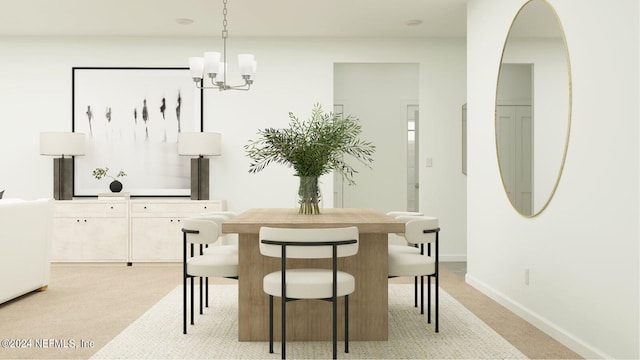 carpeted dining space featuring an inviting chandelier