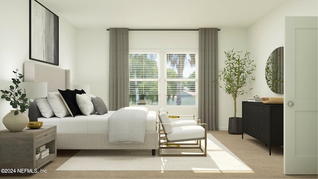 bedroom featuring light colored carpet