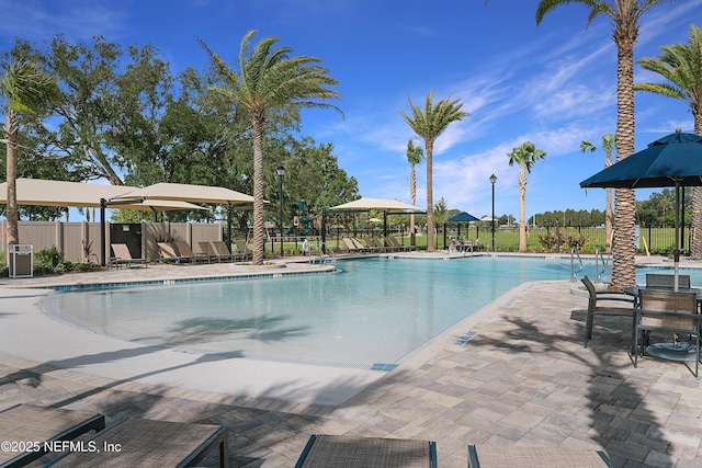 view of pool featuring a gazebo and a patio