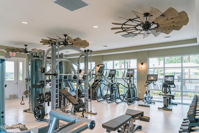 workout area featuring ceiling fan