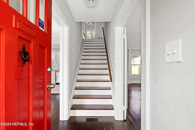 stairway with hardwood / wood-style flooring and a healthy amount of sunlight