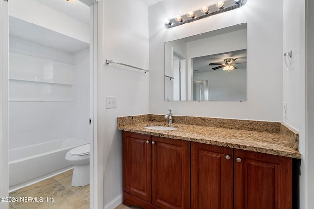 full bathroom with vanity, toilet, bathtub / shower combination, tile patterned floors, and ceiling fan
