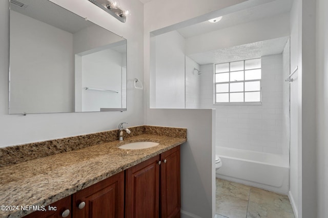 bathroom featuring toilet, vanity, shower / washtub combination, a textured ceiling, and visible vents