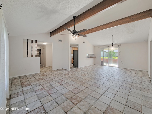 unfurnished living room with ceiling fan, vaulted ceiling with beams, and a textured ceiling