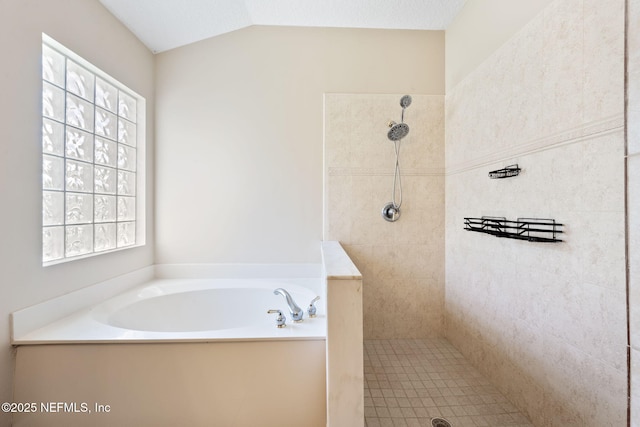 96316 Ridgewood Cir, Fernandina Beach, FL 32034 - full bathroom featuring a tile shower, a garden tub, and vaulted ceiling
