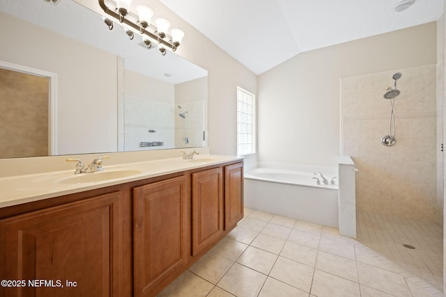 96316 Ridgewood Cir, Fernandina Beach, FL 32034 - full bath with a bath, a tile shower, double vanity, vaulted ceiling, and tile patterned floors