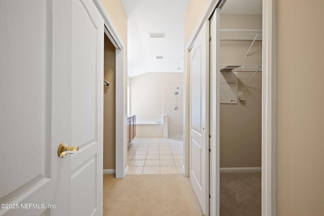 96316 Ridgewood Cir, Fernandina Beach, FL 32034 - hall featuring light carpet and vaulted ceiling