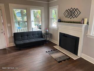 interior space featuring dark hardwood / wood-style floors and ornamental molding