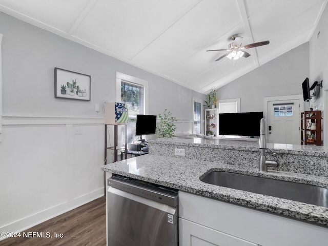 2745 Gilmore St, Jacksonville, FL 32205 - kitchen with stainless steel dishwasher, a sink, dark wood finished floors, white cabinetry, and ceiling fan
