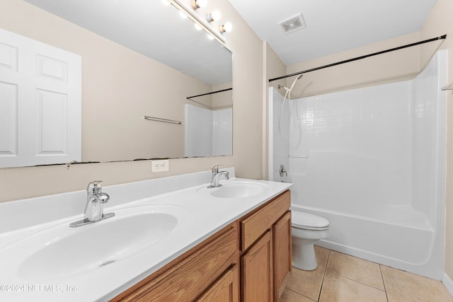 full bathroom featuring shower / tub combination, vanity, toilet, and tile patterned floors