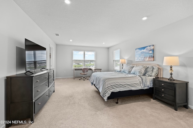 carpeted bedroom with a textured ceiling