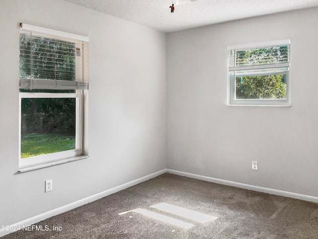 carpeted spare room with a textured ceiling