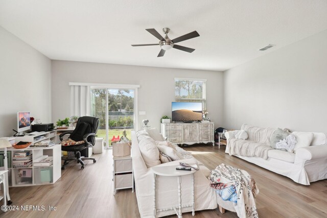 living room with ceiling fan and hardwood / wood-style flooring