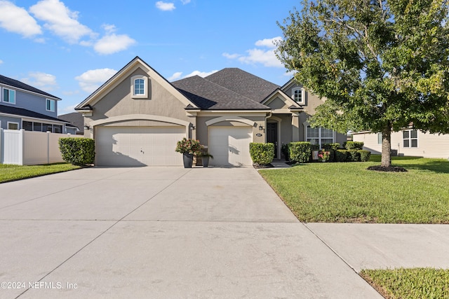 view of front of property featuring a front yard and a garage