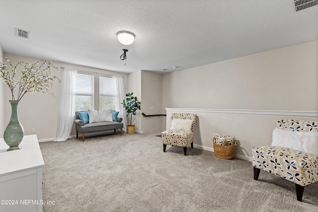 sitting room with a textured ceiling and carpet