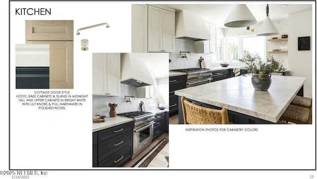 kitchen with a center island, custom range hood, white cabinetry, and high end range