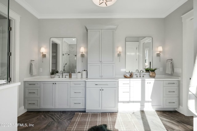 354 River Breeze Dr Lot 3, Ponte Vedra, FL 32081 - full bathroom featuring a shower stall, marble finish floor, crown molding, and vanity