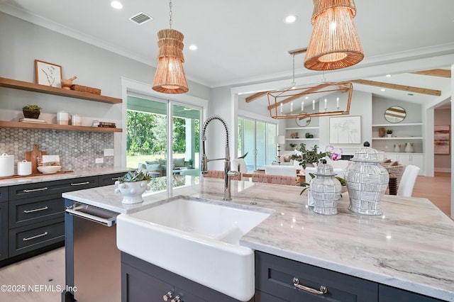 354 River Breeze Dr Lot 3, Ponte Vedra, FL 32081 - kitchen featuring open floor plan, stainless steel dishwasher, crown molding, light stone countertops, and recessed lighting