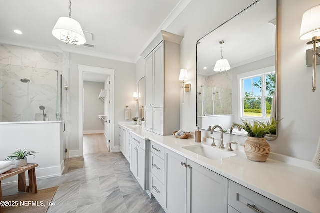 354 River Breeze Dr Lot 3, Ponte Vedra, FL 32081 - bathroom featuring ornamental molding, a marble finish shower, double vanity, and recessed lighting