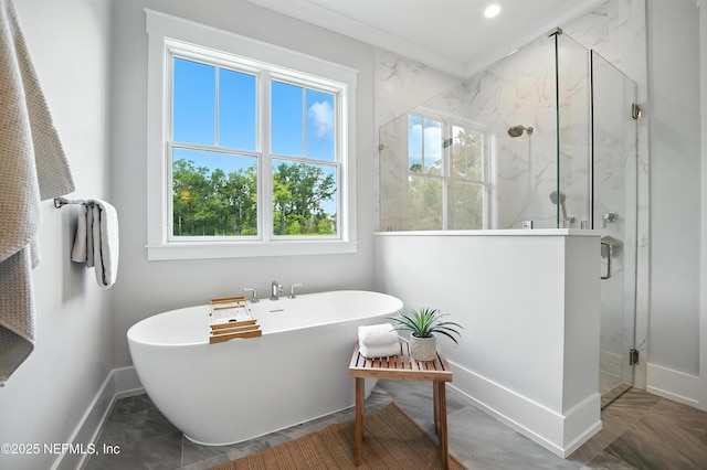354 River Breeze Dr Lot 3, Ponte Vedra, FL 32081 - bathroom with healthy amount of natural light, a marble finish shower, a freestanding bath, and recessed lighting
