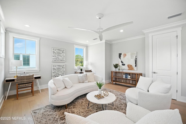 354 River Breeze Dr Lot 3, Ponte Vedra, FL 32081 - living room with crown molding, light wood-style flooring, recessed lighting, and a ceiling fan