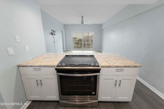 kitchen featuring stainless steel electric range, light stone counters, white cabinetry, and dark hardwood / wood-style flooring