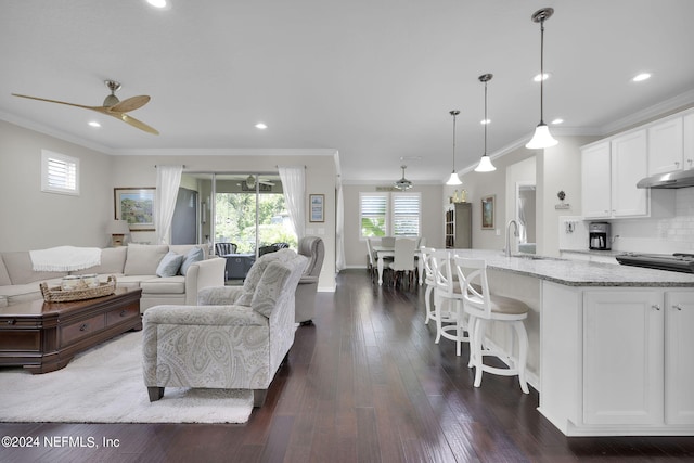 living room with dark wood-type flooring, ornamental molding, ceiling fan, and sink