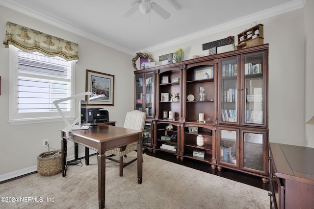 office area with ceiling fan and ornamental molding