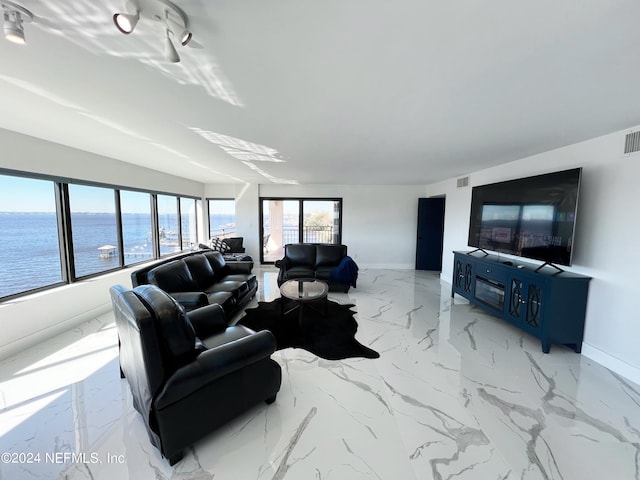 living room with a water view