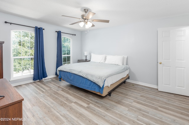 bedroom featuring light wood-type flooring and ceiling fan