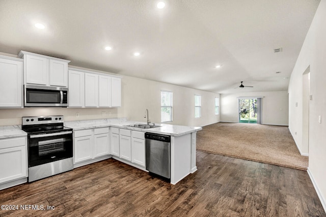 kitchen with sink, vaulted ceiling, ceiling fan, white cabinetry, and stainless steel appliances