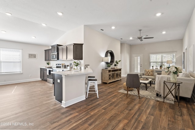 kitchen with ceiling fan, kitchen peninsula, appliances with stainless steel finishes, a kitchen breakfast bar, and dark hardwood / wood-style flooring