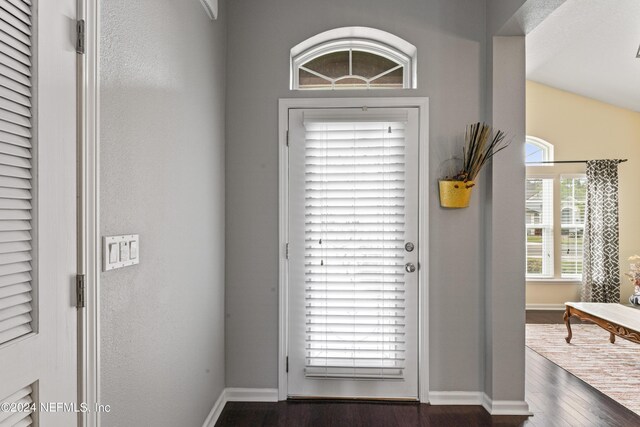 doorway to outside with lofted ceiling and dark wood-type flooring