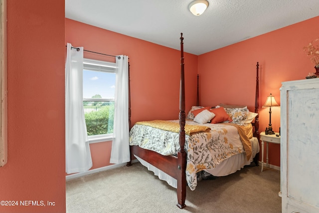 bedroom featuring carpet flooring and a textured ceiling