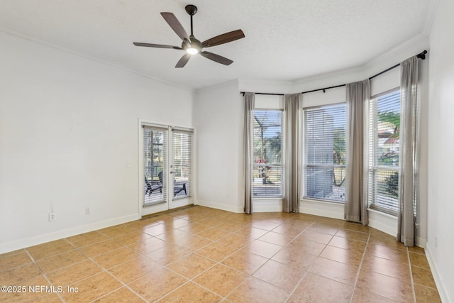 spare room featuring light tile patterned flooring, ceiling fan, a textured ceiling, and crown molding