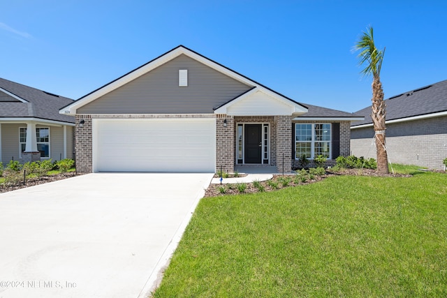 single story home with a garage and a front lawn