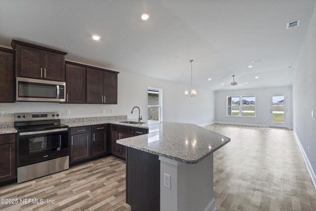 3145 Forest View Ln, Green Cove Springs, FL 32043 - kitchen featuring stainless steel appliances, a peninsula, light wood finished floors, recessed lighting, and dark brown cabinets