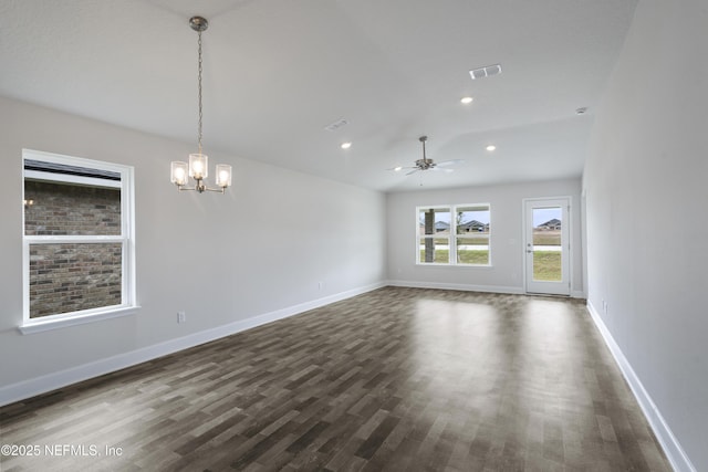 3145 Forest View Ln, Green Cove Springs, FL 32043 - unfurnished room featuring dark wood finished floors, a chandelier, ceiling fan, and recessed lighting