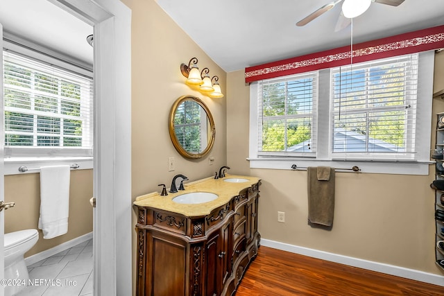 bathroom featuring toilet, vanity, and plenty of natural light