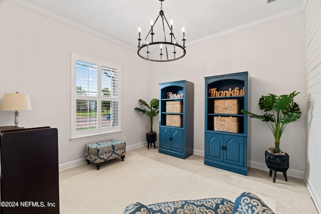 sitting room featuring a notable chandelier, light colored carpet, and crown molding